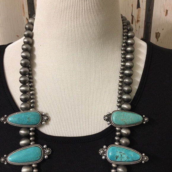 Full Squash Blossom Natural Turquoise Necklace - Picture 5 of 5